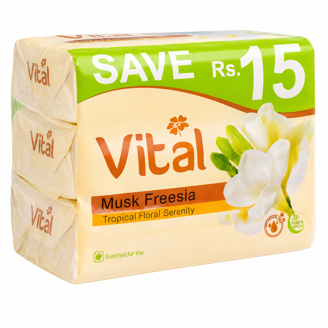 VITAL MUSK FREESIA SOAP  3 IN 1 128*3G SAVE RS 15